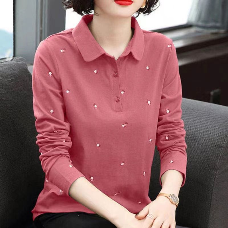 women‘s long-sleeved t-shirt 2024 new autumn plus size middle-aged mom lapel  shirt undershirt base shirt