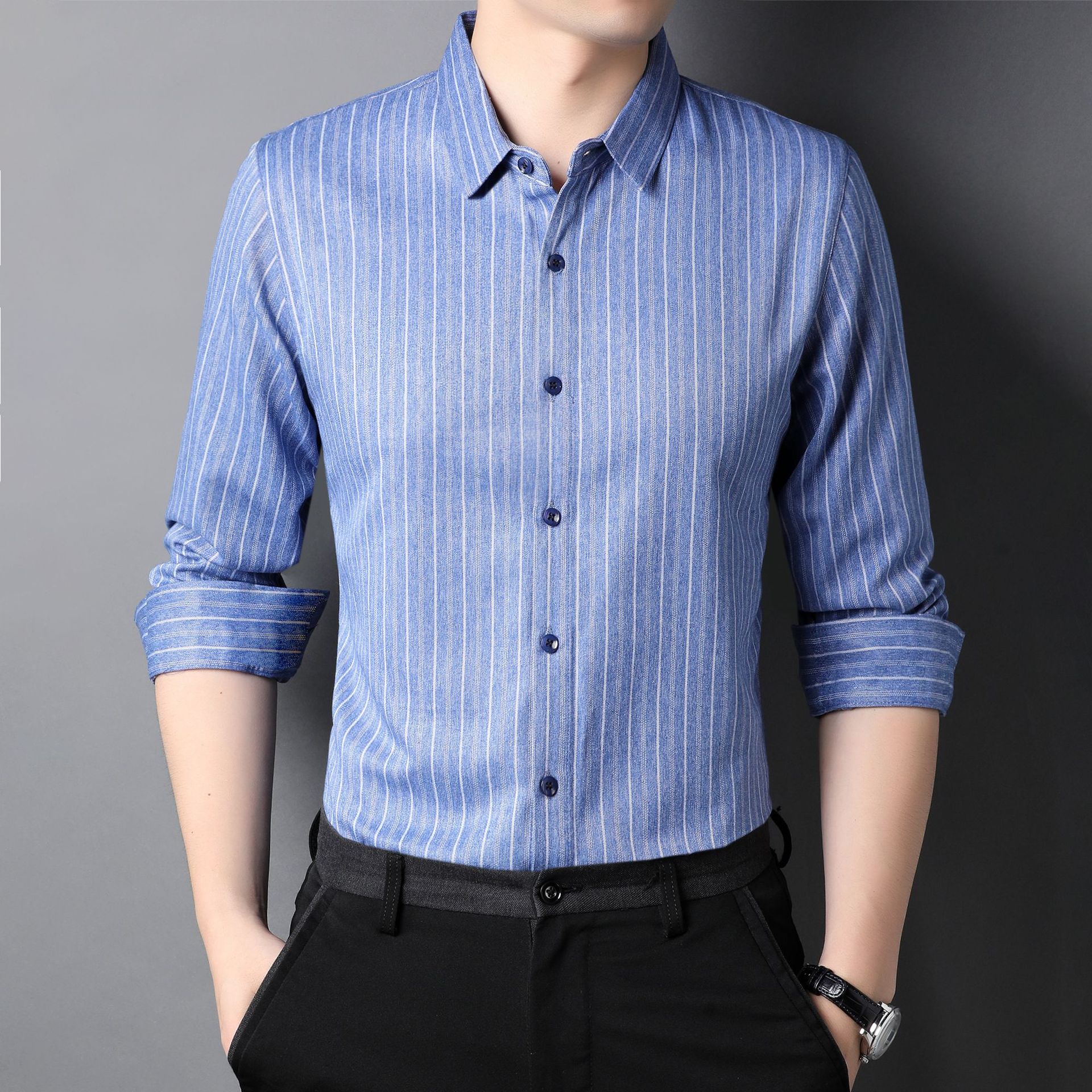 雅希特2022春季男士新款条纹衬衫长袖时尚休闲翻领商务衬衫男装