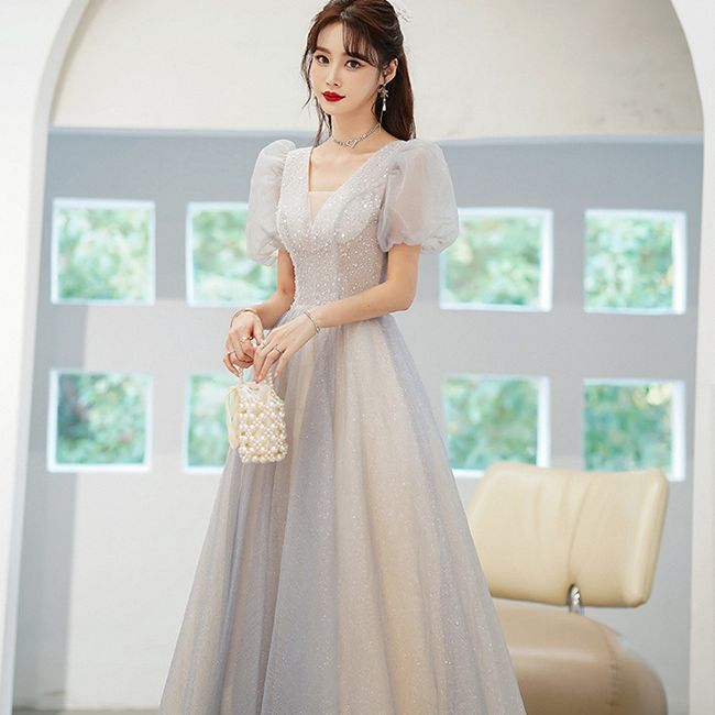 晚礼服女宴会气质法式显瘦主持人长裙学生艺考成人礼公主裙短袖-阿里