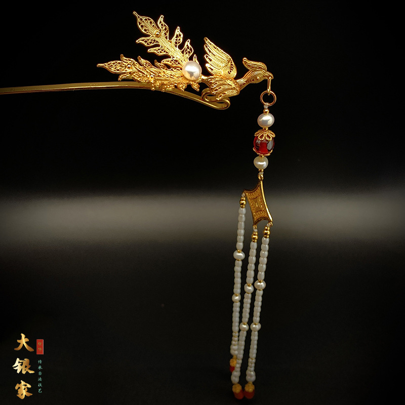 大银家挑牌明制花丝镶嵌足银镀金三尾偏凤钗汉服日常发簪新娘头饰