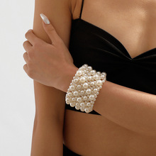 B2005跨境欧美复古潮流几何手饰 法式冷淡风珍珠手镯气质小众手链