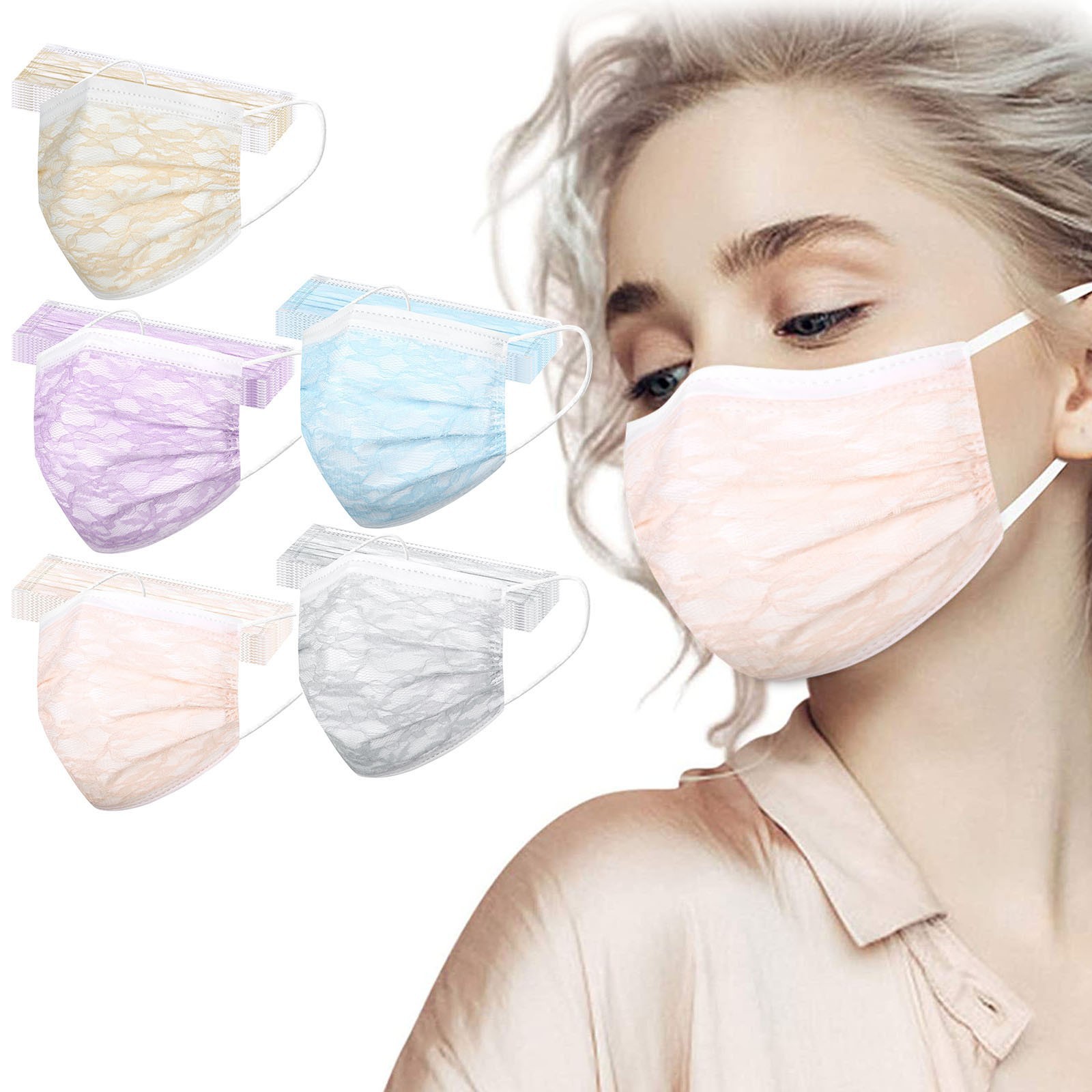 50pcs 一次性冷感 四层防晒防尘口罩 性感蕾丝网纱口罩 50pc