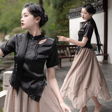 新中式改良民国风复古提花缎面修身淑女上衣汉元素飘带半身裙套装