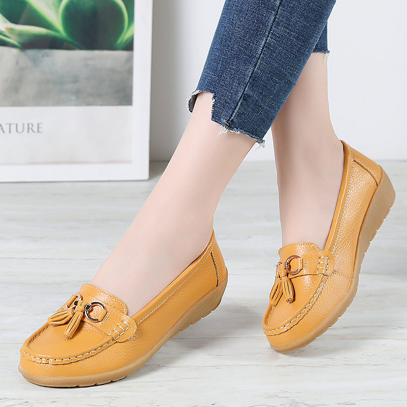 2021 Spring New Leather Shoes Middle-Aged and Elderly Mom Shoes Women's Single Shoes Tods Women's Real Soft Bottom Wedge