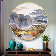 新中式入户玄关装饰画纯手绘肌理风景山水聚宝盆油画客厅圆形挂画
