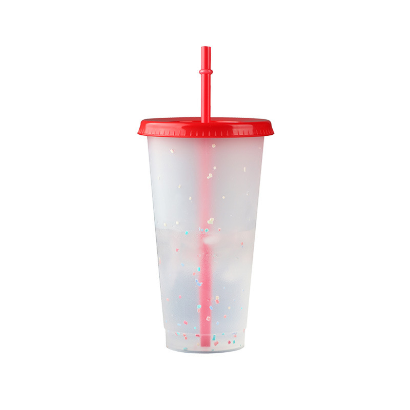 Colorful Chip Plastic Transparent Straw Cup 710ml Snowflake Color Changing Cold Temperature Sensitive Plastic Cup Milk Tea Coffee Straw Cup