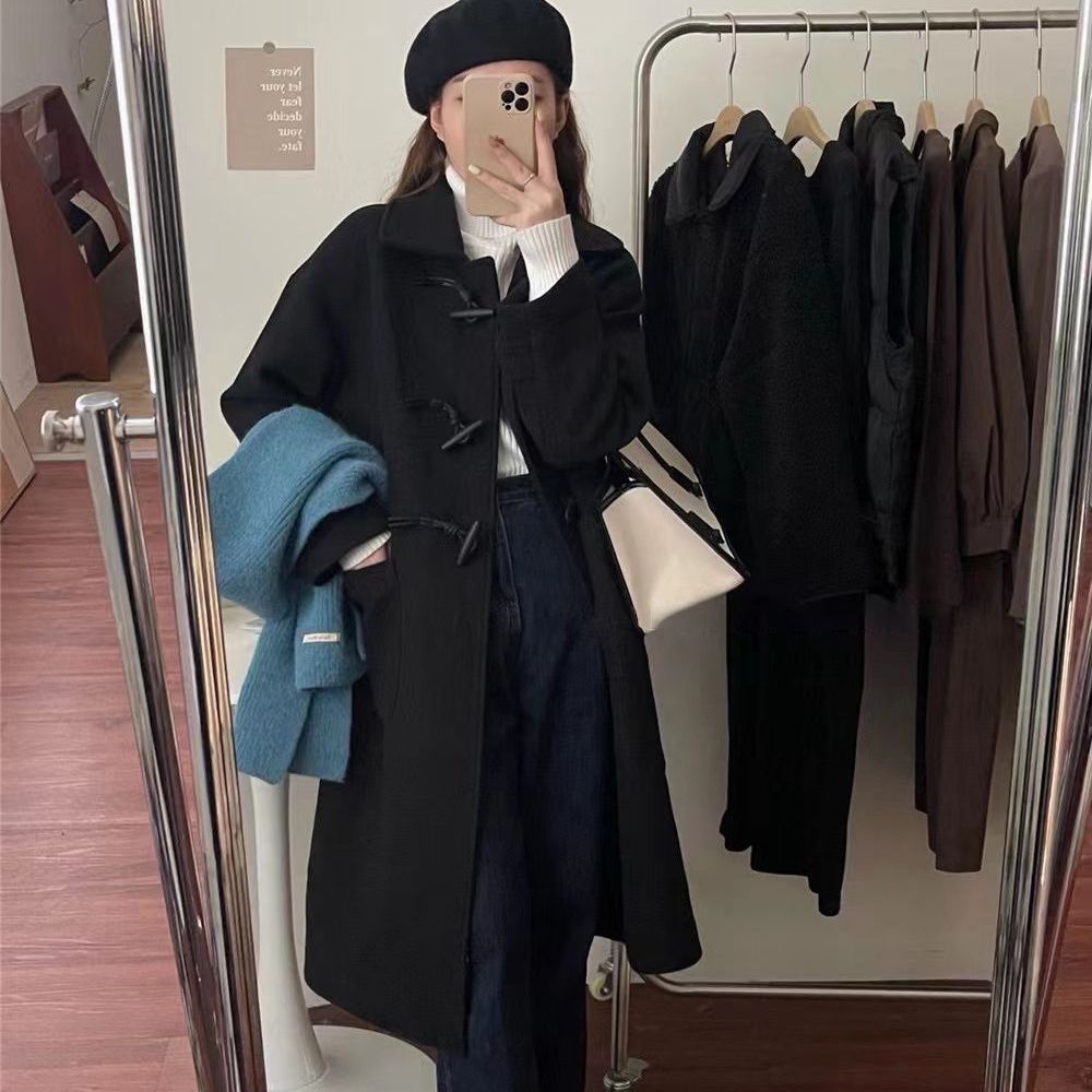 反季牛角扣大衣女秋冬季新款毛呢外套韩版加厚呢子中长款小个子潮