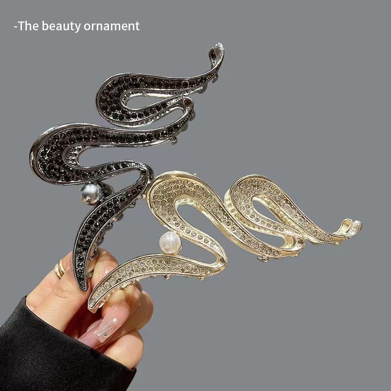 New Metal Diamond Snake-Shaped Oversized Grip European and American Style Black Gold Shark Clip Back Head Updo Hair Clip Hair Accessories