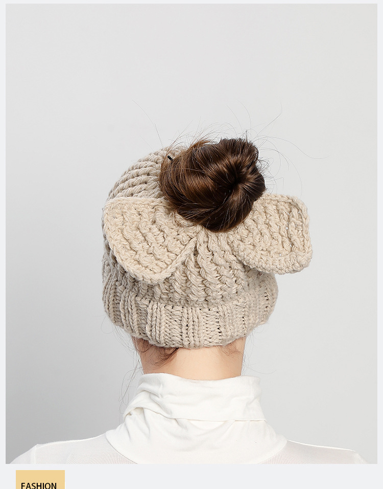2021秋冬欧美新款手工针织蝴蝶结空顶毛线帽时尚钩织保暖马尾帽