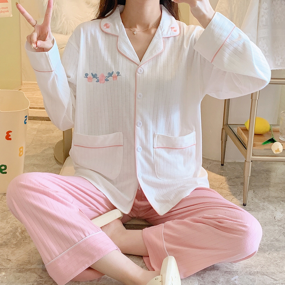 2022新款白色睡衣女士春秋季棉质长袖开衫气质家居服女秋冬款套装