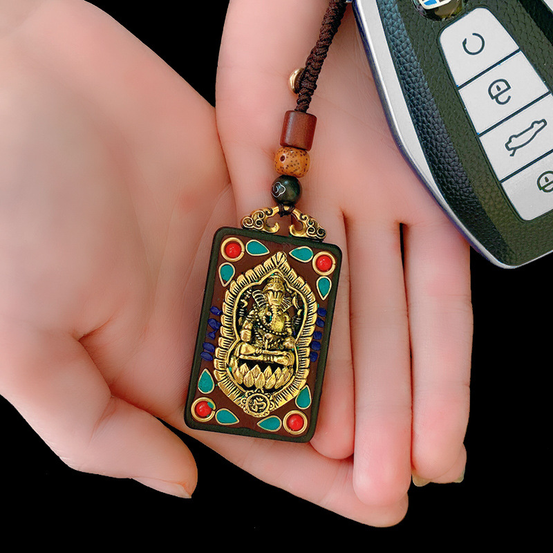 Vintage Nepal Tibet Thangka Handmade Blackwood Car Key Ring Ethnic Style Pendant High-End Gifts
