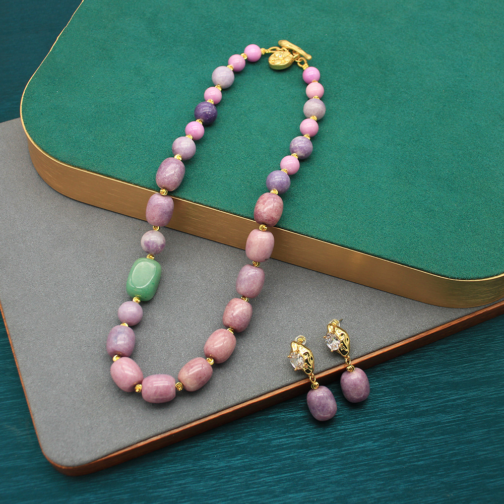 欧美MO石头串珠天然紫云母项链淡水珍珠锁骨链大颗绿松石项链坠