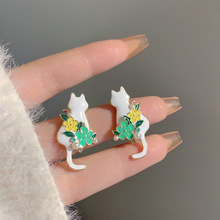 原创设计S925银针韩国时尚甜美风撞色花朵耳钉可爱小猫咪耳饰6903