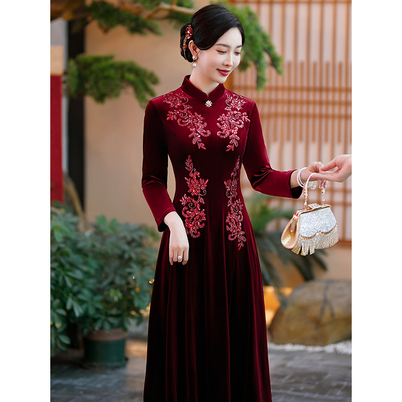 喜婆婆婚宴装秋季结婚礼服妈妈婚礼红色旗袍敬酒服金丝绒亮片绣花