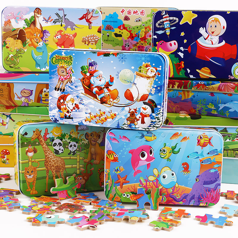 厂家批发木质60片铁盒拼图儿童益智早教宝宝拼板玩具2-6周岁礼物