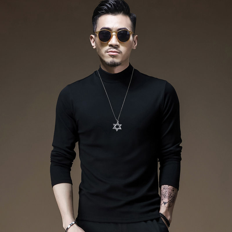 秋衣男半高领男士长袖恤纯色修身小高领秋季中领上衣潮流打底衫