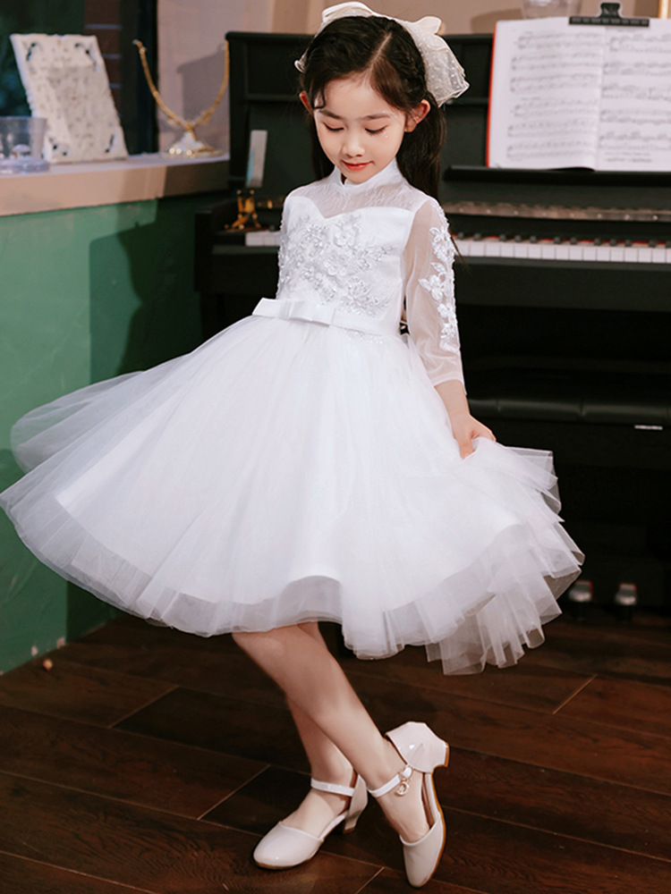 白色婚纱小女孩花童礼服女童公主裙洋气儿童主持人钢琴演出服短款