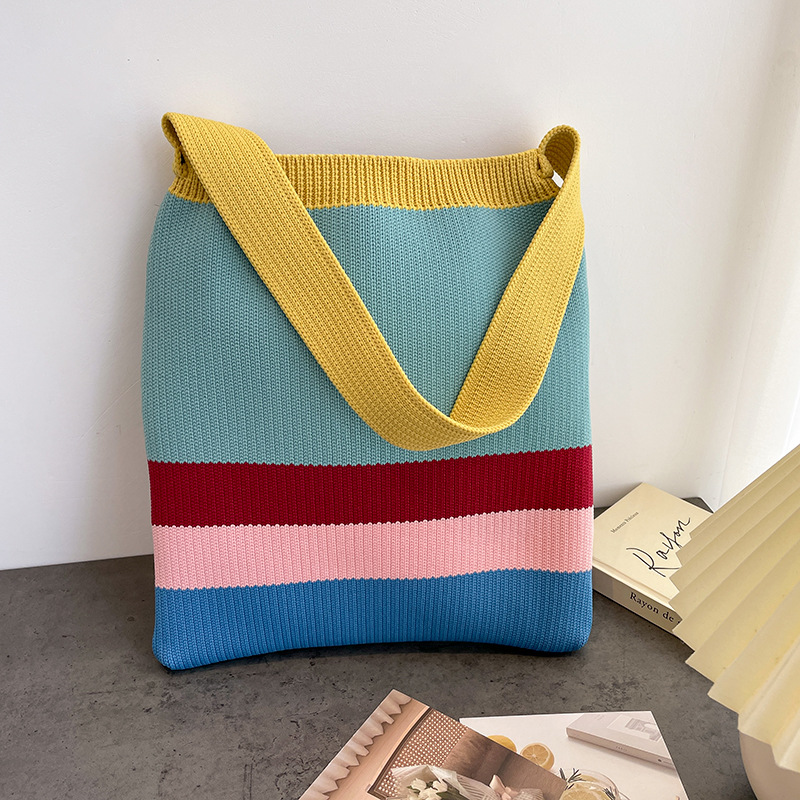 Women's Korean-Style Rainbow Stitching Horizontal Striped Knitted Handbag, Convenient Retro Oversized Shoulder Bag, Work Date Student