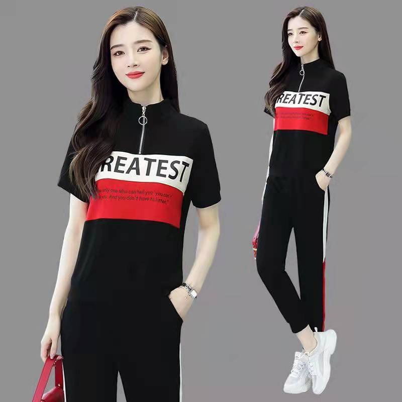 休闲运动服套装女夏2023新款时尚潮牌短袖立领宽松潮流两件套女装