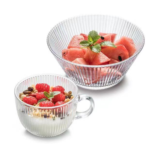 Vertical Grain Glass Oatmeal Breakfast Coffee Cup Household Glass with Handle Heat-Resistant Large Capacity Milk Cup Bowl