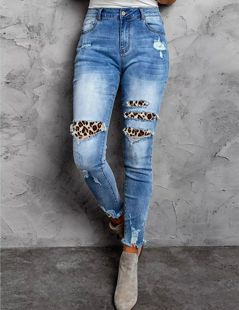   Cross-Border Denim Manufacturer Amazon Ripped Tassel Elastic Mid-Waist Small Straight-eg Jeans Women's Super Hot