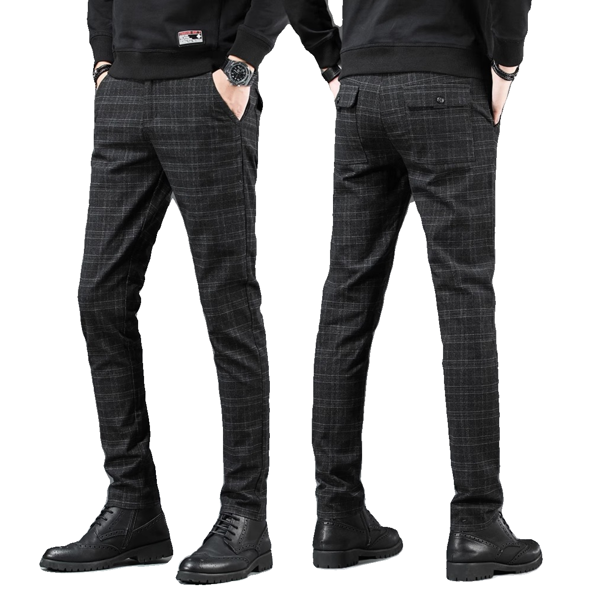 2024新款男士休闲裤格子小脚西裤修身商务潮流百搭灰色男款裤子男-阿