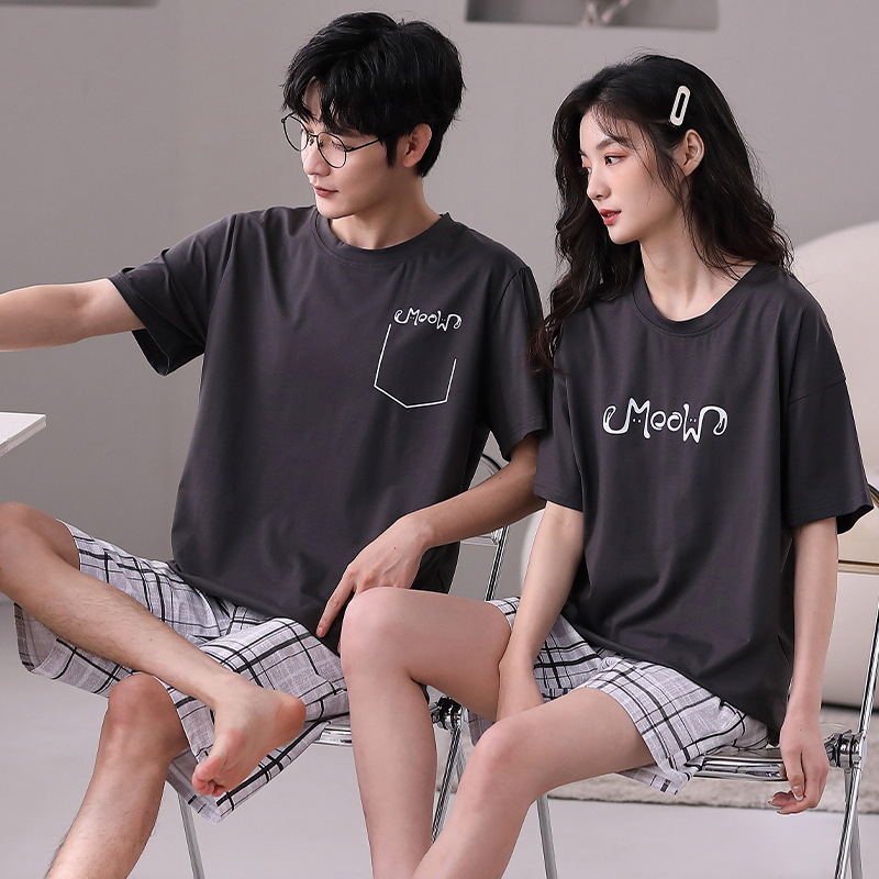 Spring and Summer Men's and Women's Pajamas Short-Sleeved Shorts Cotton Loose Student Summer Couple Home Wear Can Be Worn outside