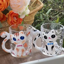 夏季高颜值手绘萌猫玻璃水杯办公室咖啡杯情侣带把马克杯生日礼物