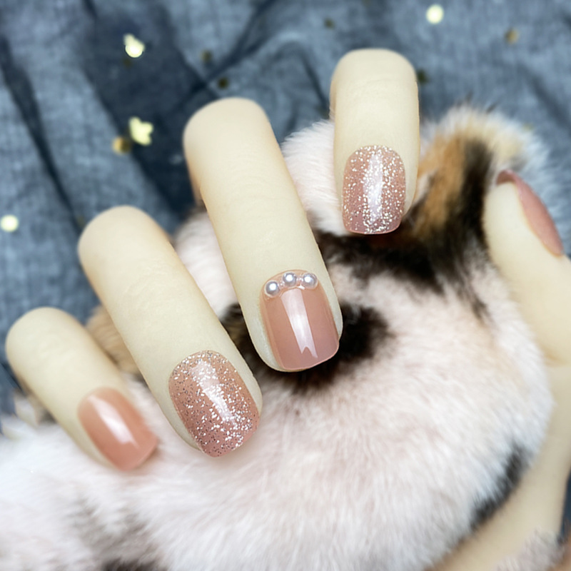 假指甲成品贴片半透裸色爆闪胶珍珠美甲甲片夏季清新指甲zd-158