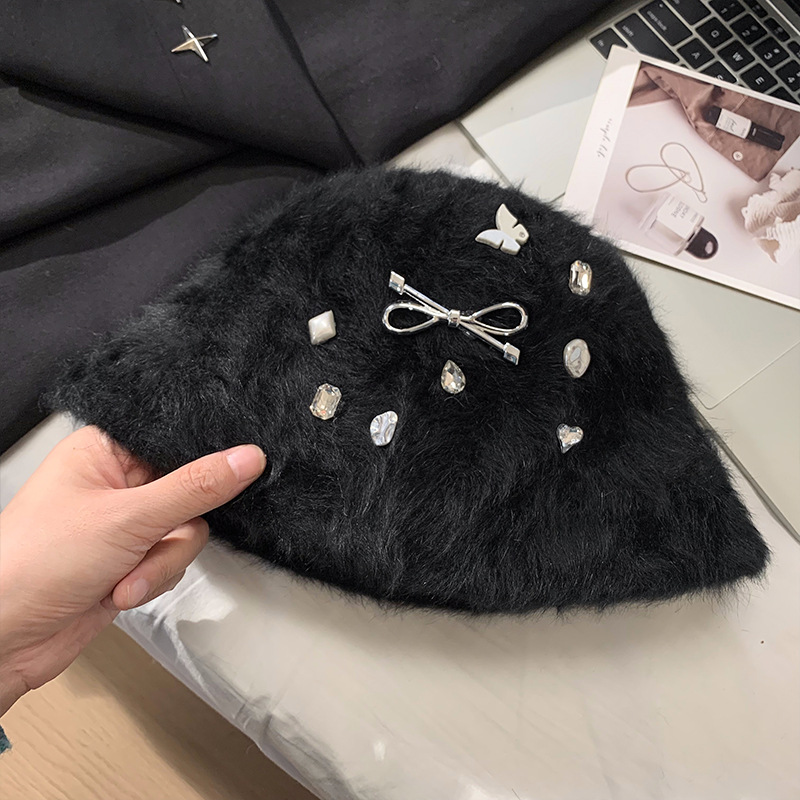 Winter New Korean Style Rhinestone Furry Rabbit Fur Bucket Hat Women's Fashion Leisure Warm Cold-Proof Face Small Bucket Hat