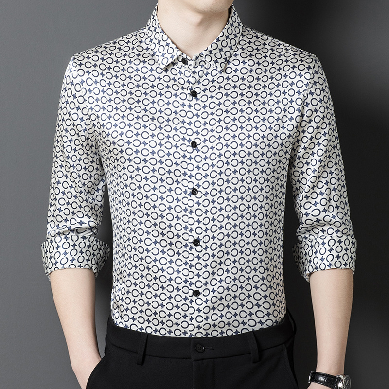 高档真丝长袖衬衫男士桑蚕丝男中年春秋上衣丝绸缎休闲缎面男装潮