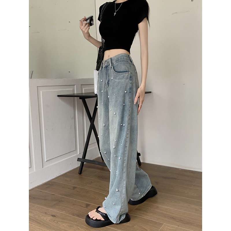 Real Shot Fashion Pearl High Waist Slimming Jeans Autumn Korean Style Loose Wide Leg Mop Pants Tide