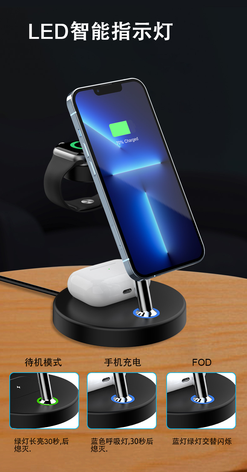 多功能三合一无线充电器磁吸15w快充支架适用于苹果手