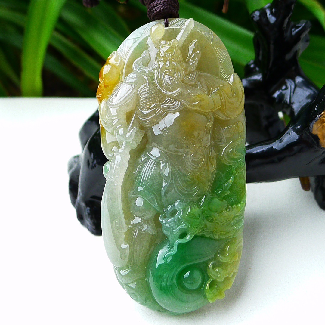 天然翡翠a货武财神关羽二爷玉佩男挂件黄翡关公翡翠吊坠62.69