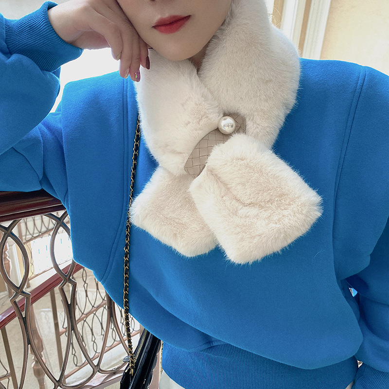 围巾女秋冬冬季新款韩版珍珠皮扣加绒加厚保暖仿獭兔毛皮草围脖
