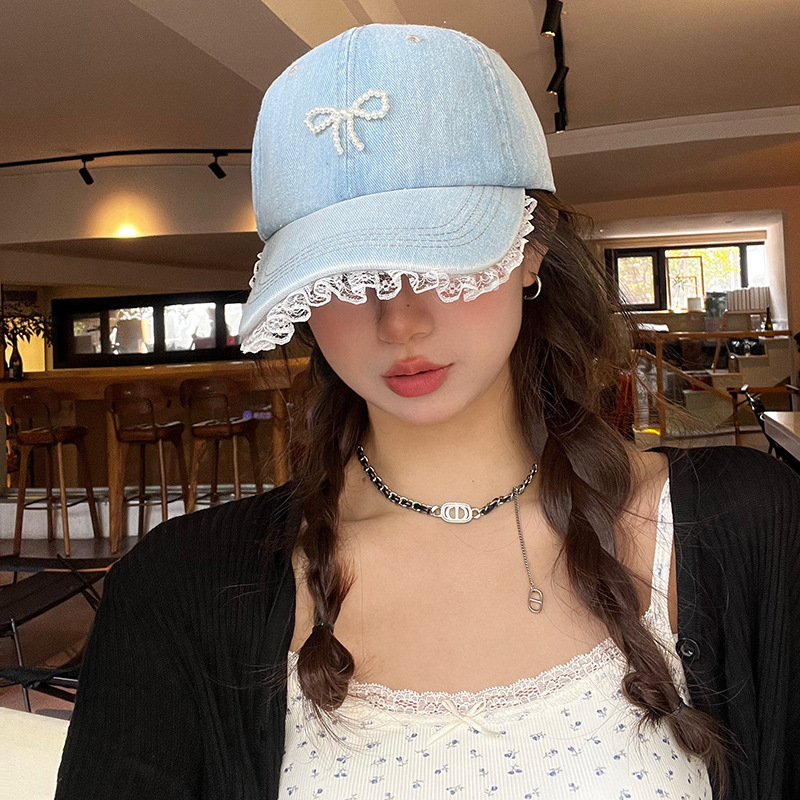 新款日韩蕾丝花边珍珠蝴蝶结甜酷风鸭舌帽子女春夏水洗牛仔棒球帽