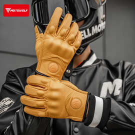 摩托车手套全指防风真皮骑行手套冬越野赛车防摔带孔透气真皮手套