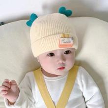 冬款超萌桃心宝宝婴儿帽 双球小熊标秋冬季保暖毛线帽可爱儿童帽