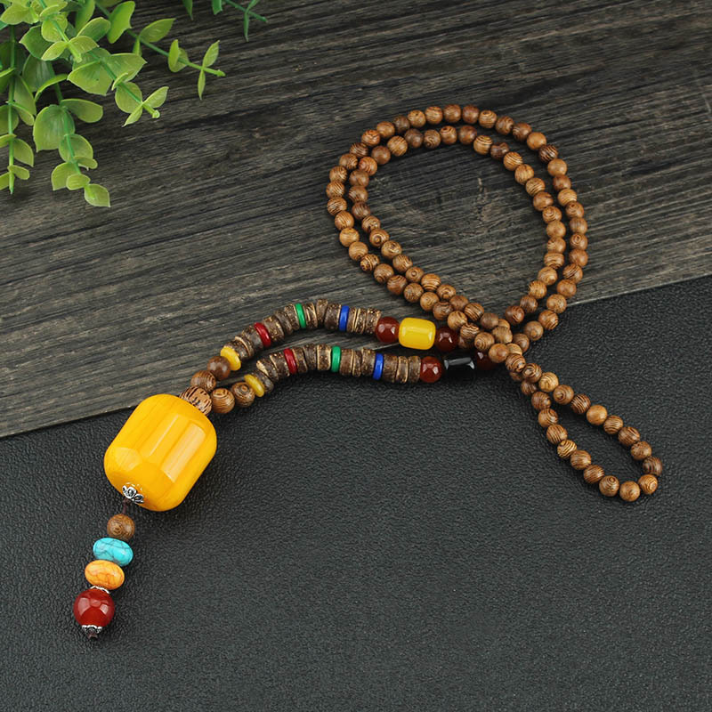 Ethnic Style Imitation Beeswax Pendant Necklace Men's and Women's Wooden Wooden Bead Long Sweater Chain Retro Literary Couple Ornament