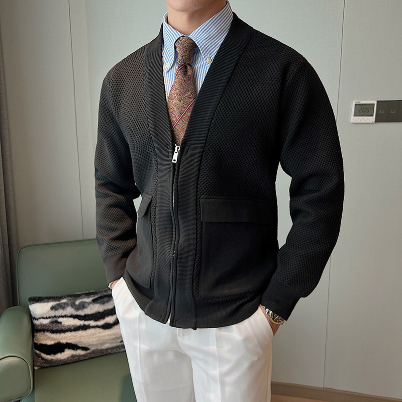 秋冬羊绒衫男v领针织开衫外套韩版休闲肌理感夹克打底毛衣羊毛衫