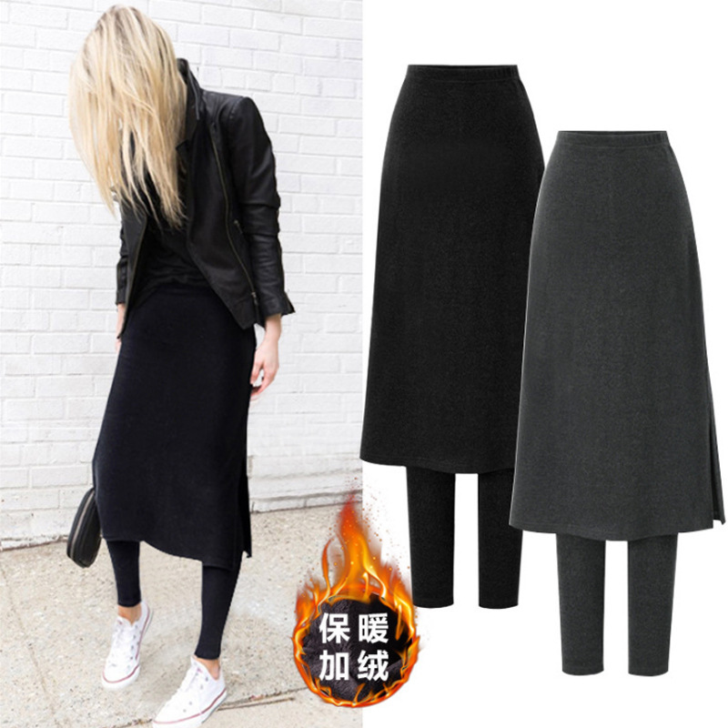 100.00kg Autumn and Winter Fleece-lined Fake Two-Piece Skirts One-Piece Trousers Korean Warm Leggings One-Step Skirt Hong Kong Style S-5XL