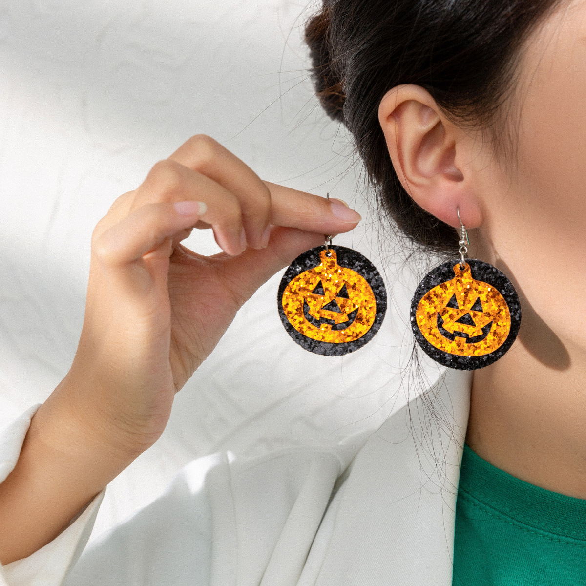 Halloween Double Layer Pumpkin Leather Earrings Eardrops Pu Sequins Festival Cross-Border Amazon