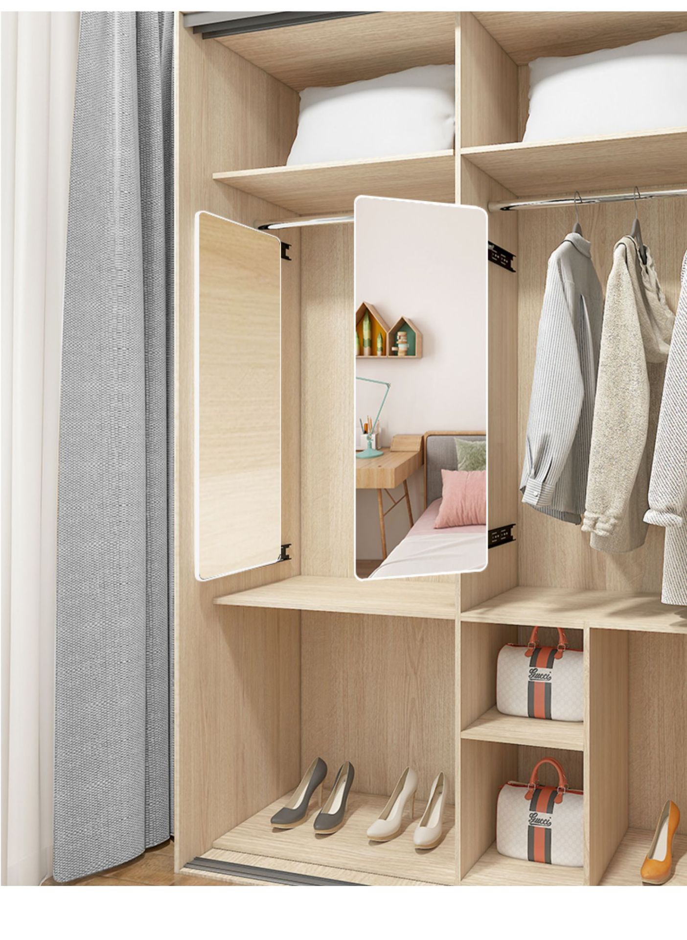 衣柜镜子内置推拉旋转穿衣镜折叠伸缩隐形全身试衣抽拉柜子内装里