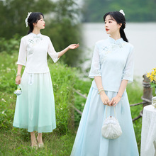 新款新款中国风改良旗袍刺绣棉麻立领修身茶服上衣套装