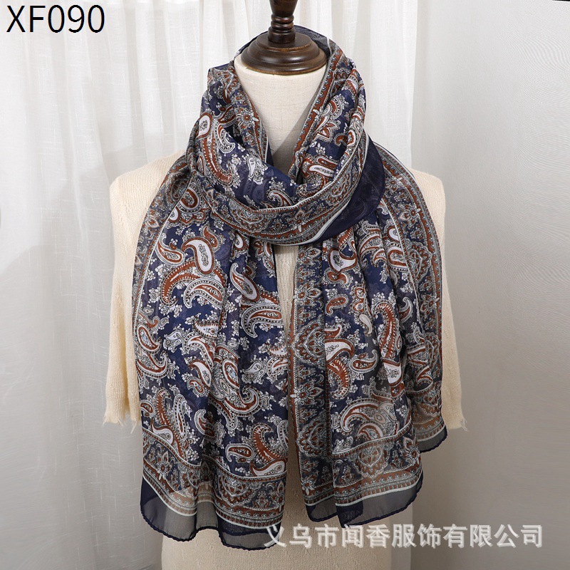 2023 New Chiffon Silk Scarf Spring, Summer, Autumn and Winter Four Seasons Thin Scarf Sunscreen Scarf Cashew Ethnic Style Scarf Gauze Kerchief