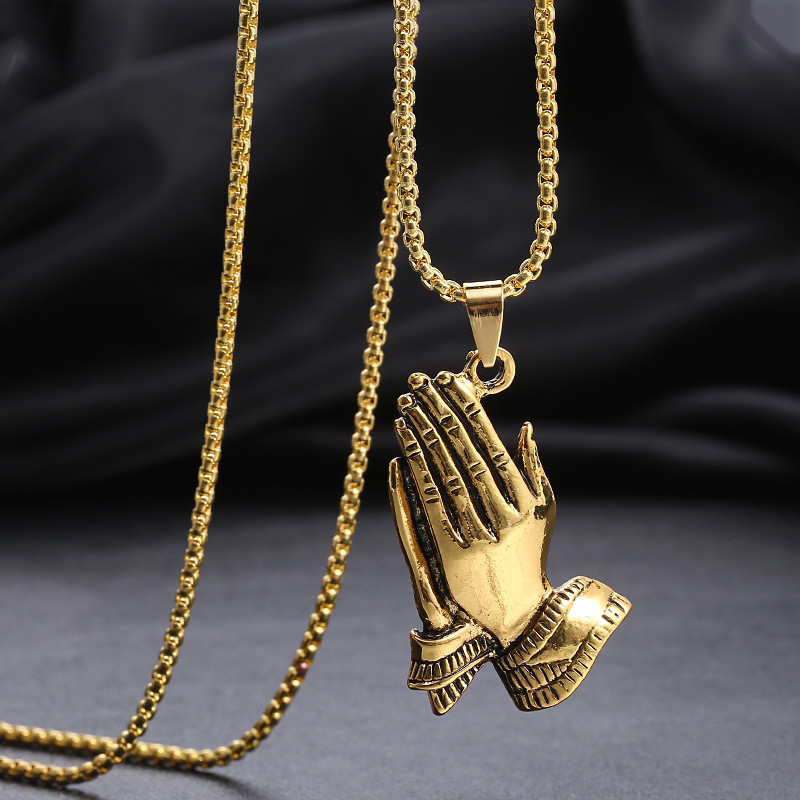欧美新款复古个性不锈钢祈祷金色佛手吊坠双手合十吊牌男女士项链