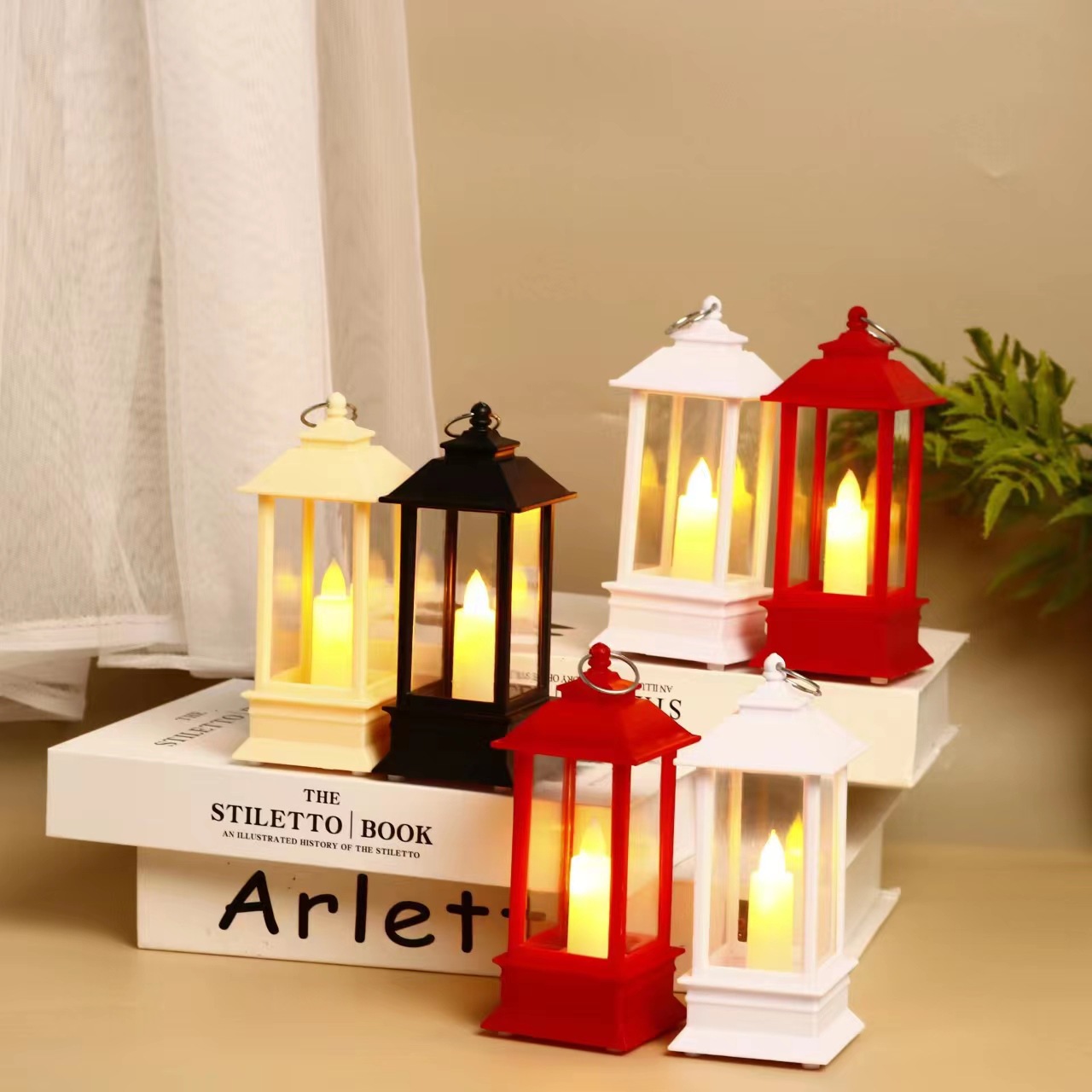 Cross-Border Retro Square Small Lantern Small Oil Lamp Electric Candle Lamp Plastic Night Lamp Decoration Storm Lantern