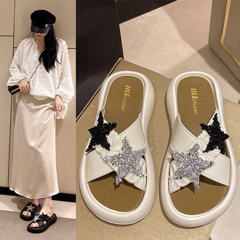 新款五角星带钻网红时尚夏季百搭女拖鞋防滑女鞋厚底一脚蹬拖鞋