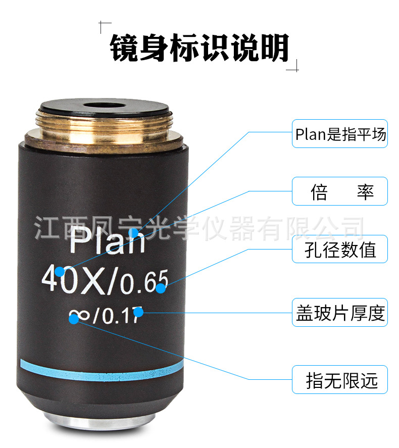 凤佳显微镜配件生物显微镜物镜无限远195金属消色差铜物镜40倍