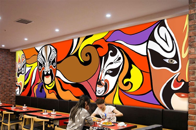 中式复古火锅店背景墙纸国粹京剧脸谱壁画中国风餐厅饭店装修壁纸